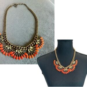 STELLA & DOT Coral Cay Orange Enamel Rhinestone Crystal Bib Statement Necklace
